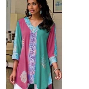 Soft Surroundings Rayon Tunic Top Med Teal Magenta Boho Sun Asymmetrical